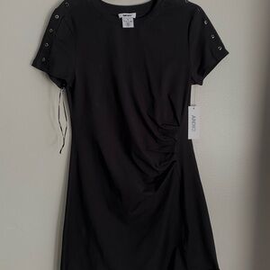 DKNY Black Mini Dress with Button Sleeve Detail